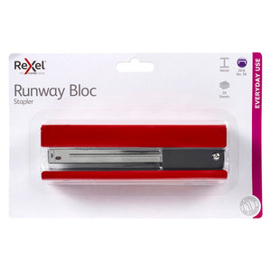 Rexel Runway Bloc Stapler retail card with a square red full strip stapler; icons read Metal, 26/6 No. 56 and 20 Sheets, with an Everyday Use band and a 1 year guarantee roundel