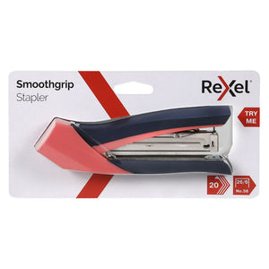 Rexel Smoothgrip stapler on a white blister card with a red diagonal chevron, a Try Me flash and red icons reading 20 and 26/6 No. 56, the stapler showing a navy top arm over a coral grip.