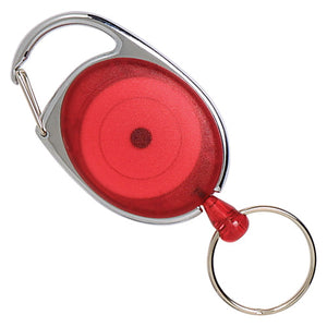 Rexel Retractable Snap Lock Key Holder in red, a translucent oval reel in a chrome clip frame with a red cord end and a split key ring