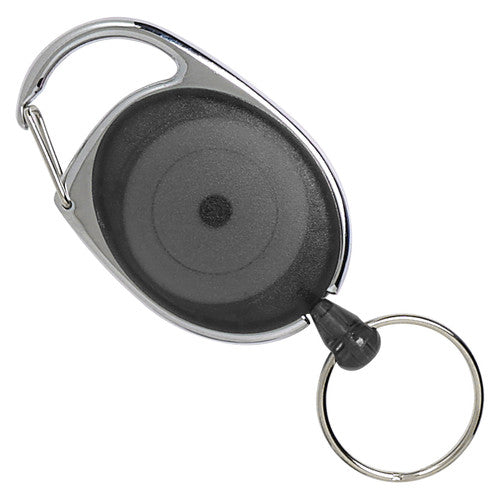 Rexel snap lock retractable key holder with a dark charcoal oval reel in a chrome frame, a sprung gate clip and a split key ring