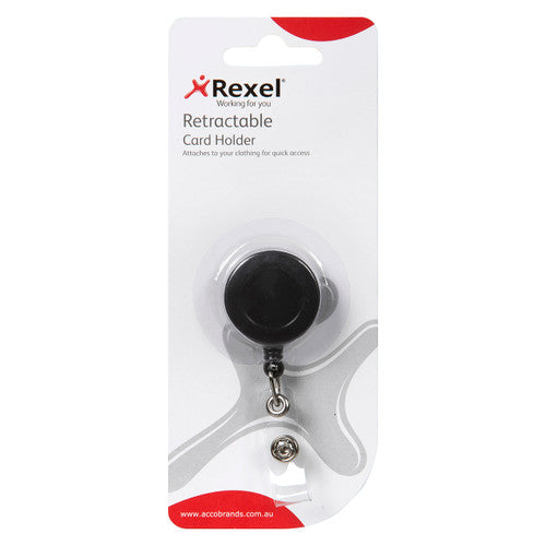 Rexel Retractable Card Holder with Strap and Nylon Cord Black Hangsell