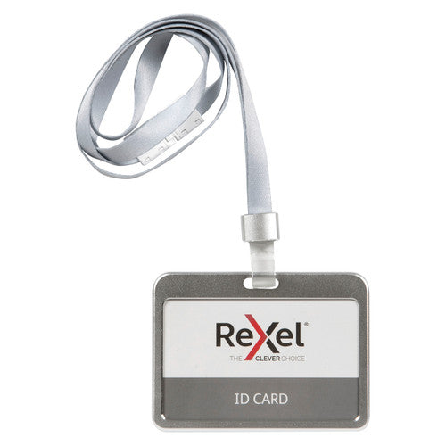 Rexel Aluminium Card Holder Landscape with Lanyard Silver Pack of 10