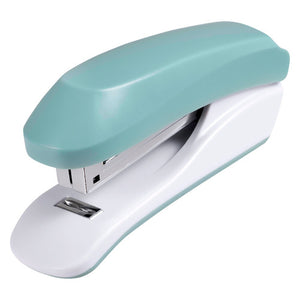 Three quarter view of the Rexel Anywhere half strip stapler in mint, a soft mint green upper shell over a white base with a chrome staple channel at the front and a metal remover tab in the base.
