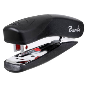 Three quarter view of the matt black Rexel Bambi mini stapler with the Bambi script on the side, a chrome staple channel and a red staple pusher visible through the magazine opening.