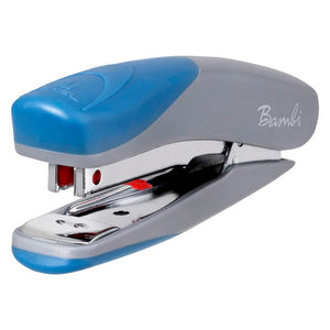 Three quarter view of the Rexel Bambi mini stapler in grey, with a blue cap at one end of the upper shell, a blue strip along the base, the Bambi script in white on the side and a chrome staple channel.