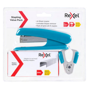 Rexel Stapling Value Pack in blue sealed on a card printed 20 Sheet stapler, Lockable Staple remover and Pack of 5000 26/6 staples, with the stapler, the staples box and a blue gripped remover inside.