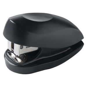 Three quarter view of the matt black Rexel Tot mini stapler, a palm sized dome topped model on a black base with a short chrome staple channel at the front opening.