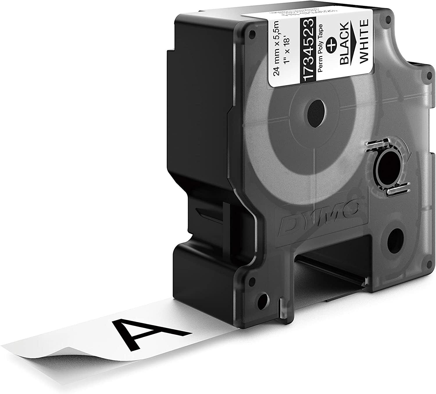 Label printer tape cartridge with label on a white background