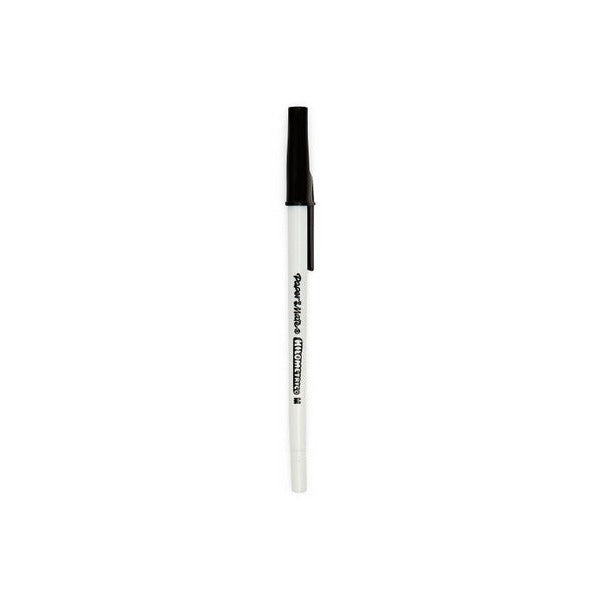 Single Kilometrico pen with a black cap on a white barrel, standing upright on a white background, Paper Mate and Kilometrico printed down the barrel