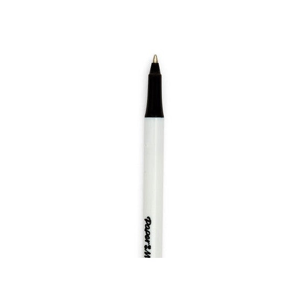 Close-up of the black tip section and ballpoint of a Kilometrico pen, with the Paper Mate name on the white barrel below
