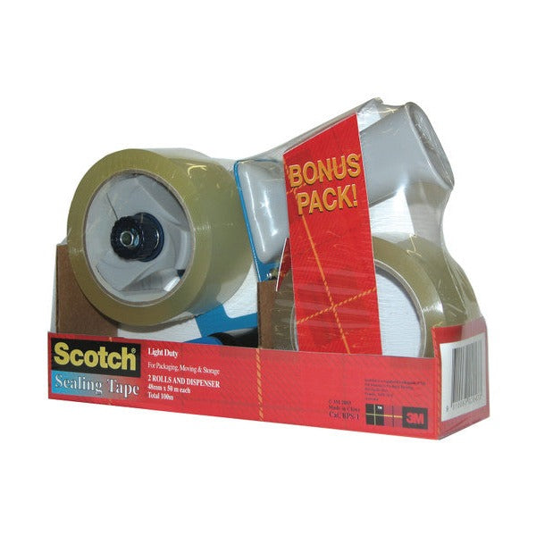 Scotch BPS-1 value pack with a box sealing tape dispenser loaded with clear tape and a second roll, marked bonus pack, in a red and blue box