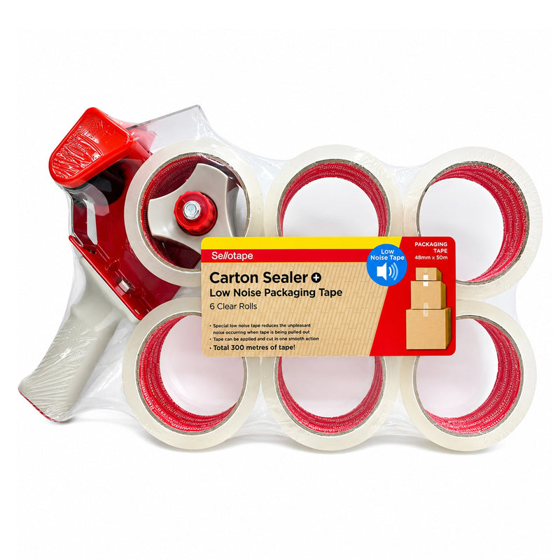 Sellotape Carton Sealer and Low Noise 6 Rolls Packaging Tape 48mm x 50m Clear