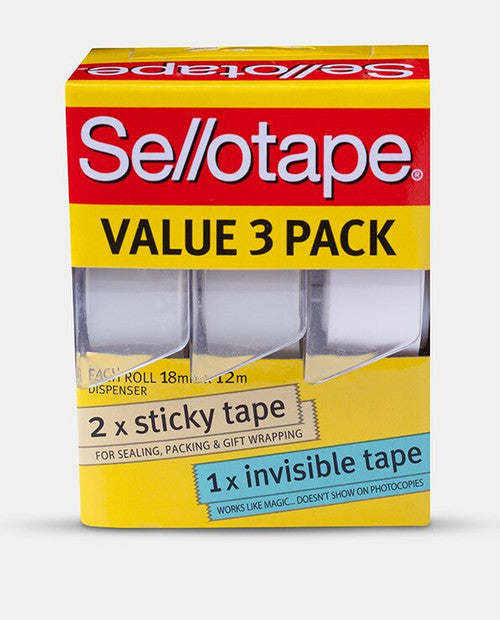 Sellotape Sticky and Invisible Tape with Dispenser 18mm x 12m Value Pack of 3