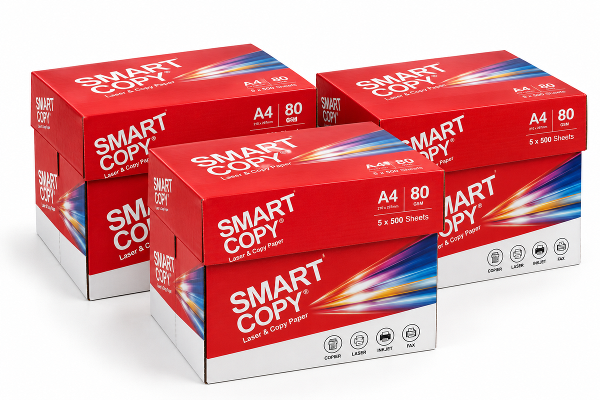 Three cartons of Smart Copy A4 80gsm white copy paper, each containing 5 reams of 500 sheets, providing a total of 7,500 sheets for office printing and copying.
