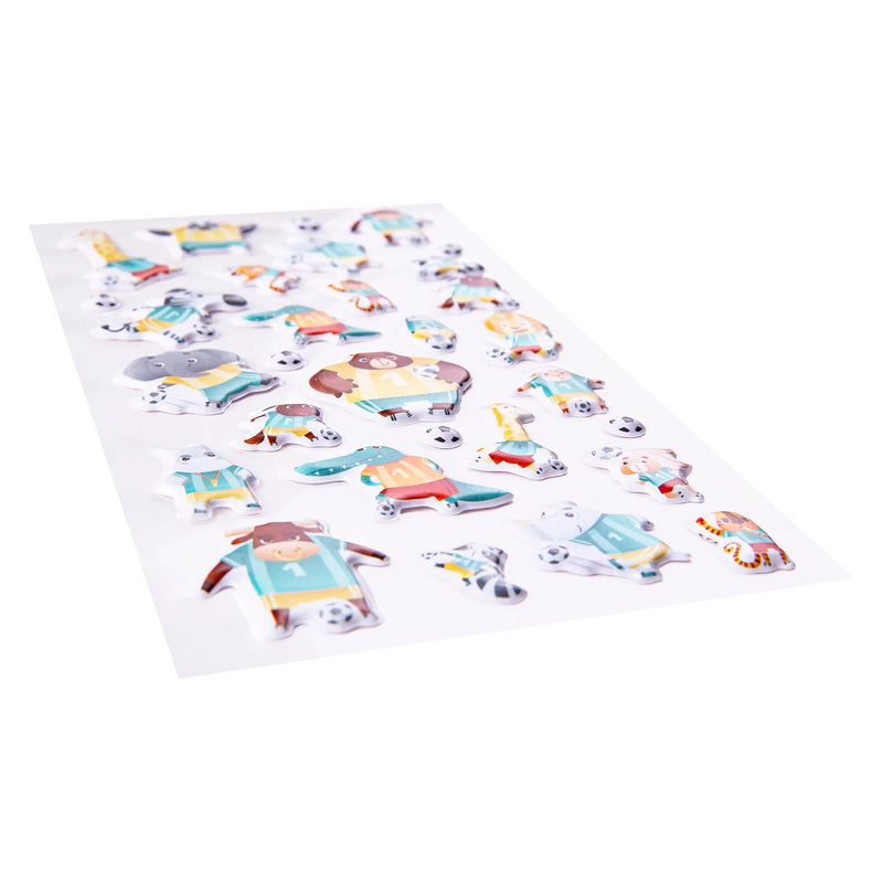Angled close up view highlighting the raised puffy construction and dimensional finish of the soccer themed stickers. The elevated design enhances the colourful illustrations and tactile appeal.