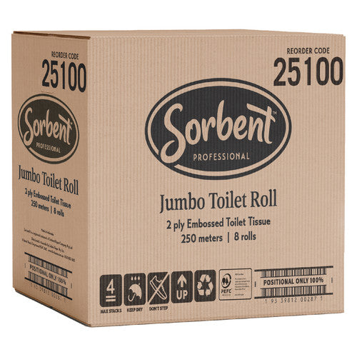 Sorbent 25100 Jumbo Roll Toilet Tissue 2 Ply 250m Carton of 8