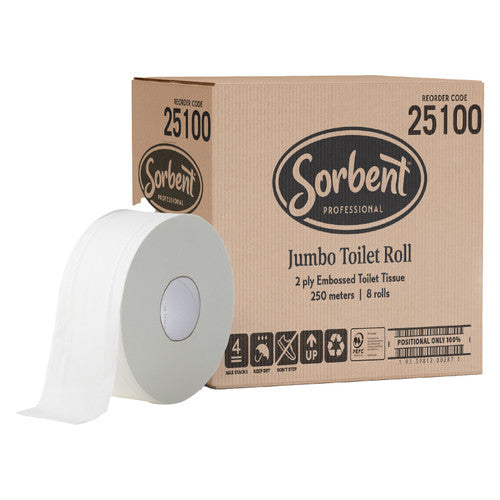 Sorbent 25100 Jumbo Roll Toilet Tissue 2 Ply 250m Carton of 8