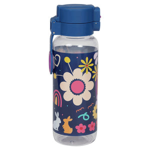 Spencil Flower Power Big Water Bottle 650ml, front view with the lid closed, cream daisy, rainbows and bunnies on navy, navy lid with purple ring