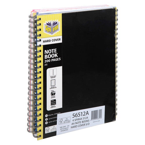 Spirax Hardcover Notebook A4 200 Page Assorted Box of 4