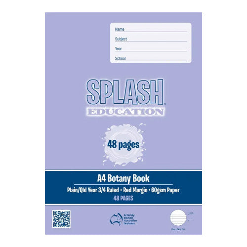 Splash Education A4 Botany Book 48 Page Plain/Qld Year 3/4 Ruled + Red Margin Pack of 20