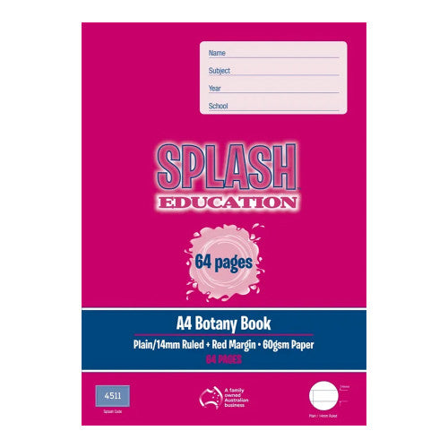 Splash Education A4 Botany Book 64 Page Plain/14mm Solid Ruled + Red Margin Pack of 20