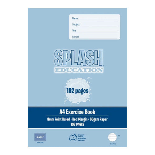 Splash Education A4 Exercise Book 192 Page 8mm Ruled Red Margin Pack 20 — front cover
