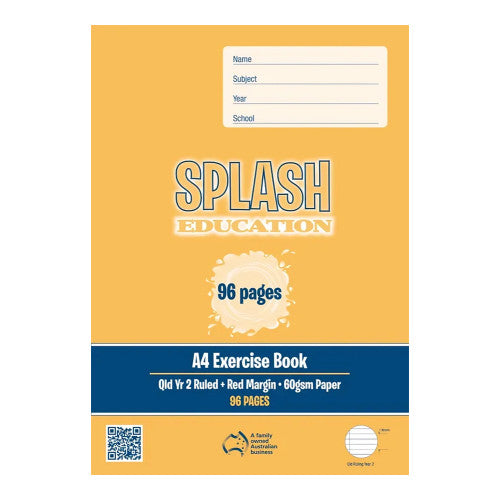 Splash Education A4 Exercise Book 96 Page Qld Year 2 Ruled + Red Margin Pack of 10