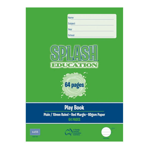 Splash Education Play Book 64 Page Plain/10mm Solid Ruled + Red Margin Pack of 10