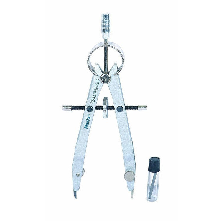 Silver Helix Oxford spring bow compass with a centre thumb wheel and a tube of spare lead