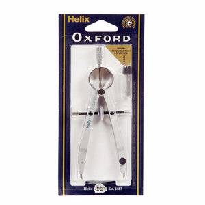 Helix Oxford spring bow compass on a navy card printed Includes Removable Point and Spare Lead