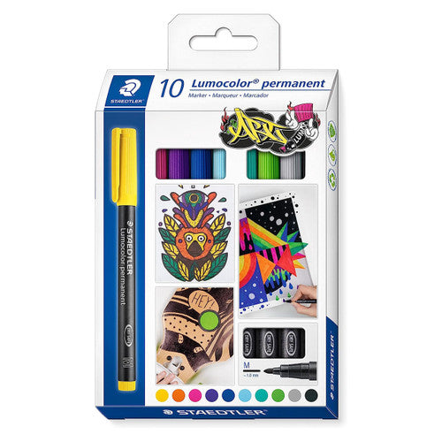 Staedtler Lumocolor 318 C10 permanent marker fine tip pack of 10 assorted showing waterproof comprehensive colour set