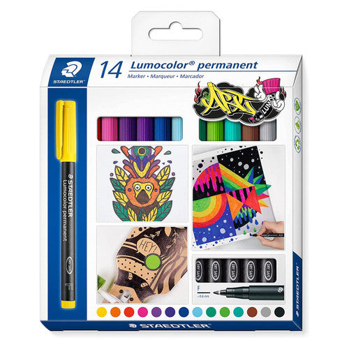 Staedtler Lumocolor 318 C14 permanent fine marker assorted pack of 14 showing most comprehensive 14-colour set for complex cable coding and annotation
