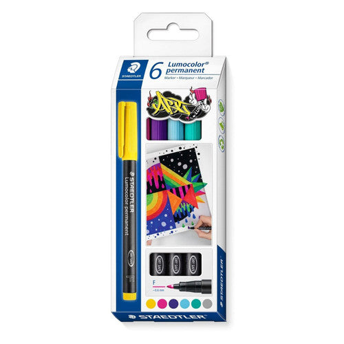 Staedtler Lumocolor 318 C6 permanent fine marker assorted pack of 6 showing compact 6-colour permanent set for colour-coded labelling and annotation