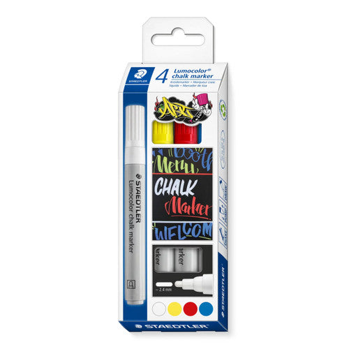 Staedtler Lumocolor 344 C4 chalk marker assorted pack of 4 showing compact starter liquid chalk set for blackboards, glass and home chalkboard use