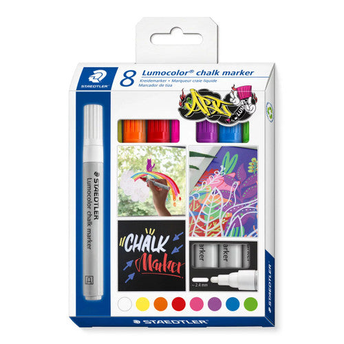 Staedtler Lumocolor 344 C8 chalk marker assorted pack of 8 showing vivid liquid chalk markers for blackboards, menu boards and glass signage