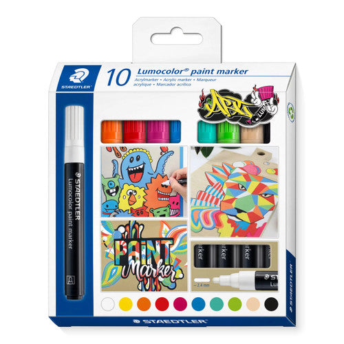 Staedtler 349 Lumocolor Paint Acrylic Marker Bullet Tip Assorted Colours Pack of 10