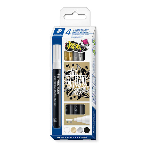 Staedtler Lumocolor 349 C4 acrylic paint marker bullet tip pack of 4 showing entry-level opaque coverage on glass ceramic and wood