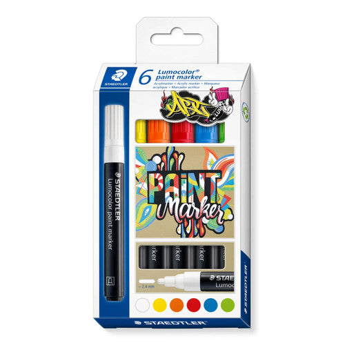 Staedtler Lumocolor 349 C6 acrylic paint marker assorted pack of 6 showing opaque multi-surface paint markers for wood, glass, metal and ceramic decoration