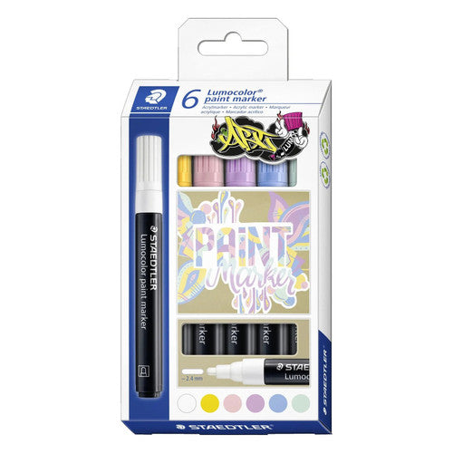 Staedtler Lumocolor 349 C6-1 acrylic paint marker bullet tip pastel pack of 6 showing soft muted colours for nursery and contemporary craft decoration