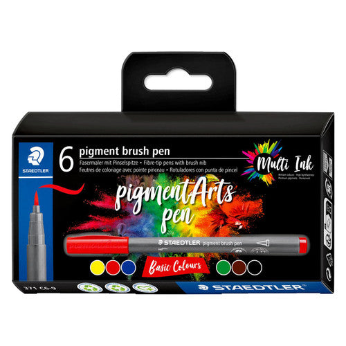 Staedtler Pigment Arts 371 C6-9 brush pens basic colours pack of 6 showing most accessible primary and secondary starter palette