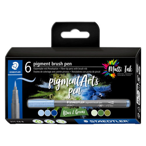 Staedtler 371 Pigment Arts Brush Pen Blues and Greens Pack of 6