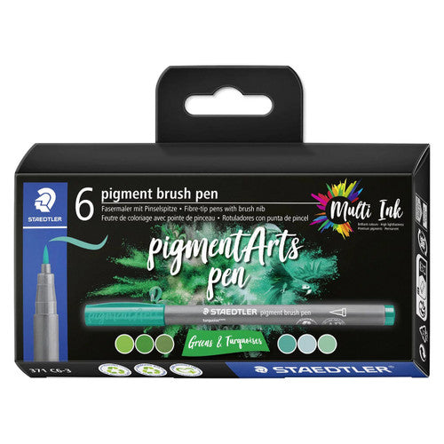 Staedtler 371 Pigment Arts Brush Pen Greens and Turquoises Pack of 6