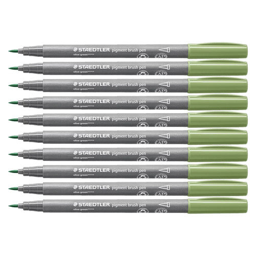 Staedtler Pigment Arts 371-57 brush pen olive green box of 10 showing warm earthy yellow-green for Mediterranean foliage and botanical illustration