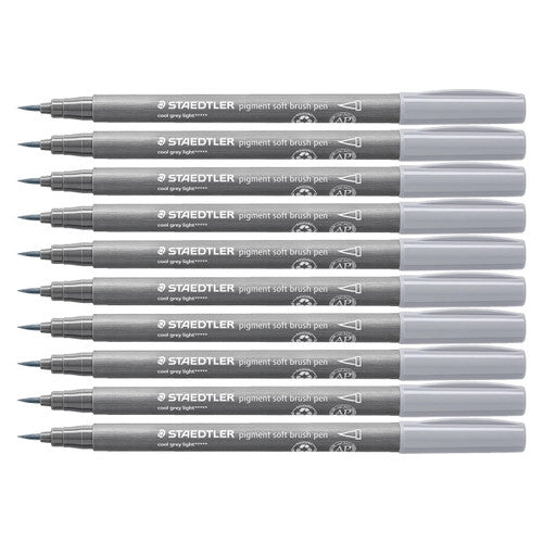 Staedtler Pigment Arts Soft Brush 372-870 cool grey light box of 10 showing palest atmospheric wash for greyscale mist and haze effects