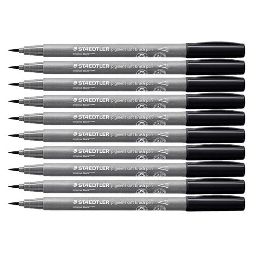 Staedtler Pigment Arts Soft Brush 372-99 intense black box of 10 showing deepest black expressive soft nib for calligraphy and manga