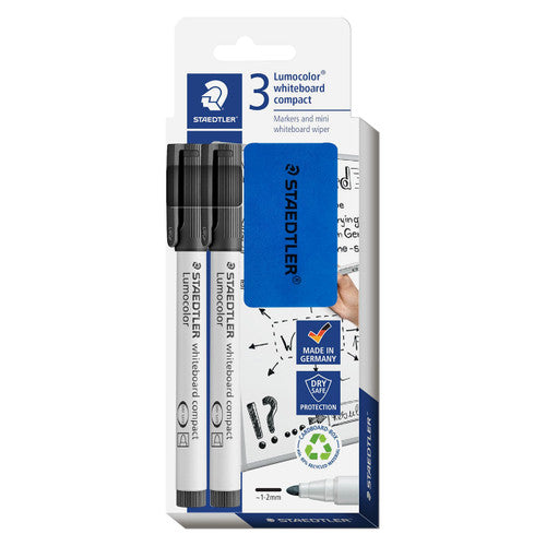 Staedtler Lumocolor 341-9 SET whiteboard compact marker plus eraser black pack of 2 showing complete home whiteboard set
