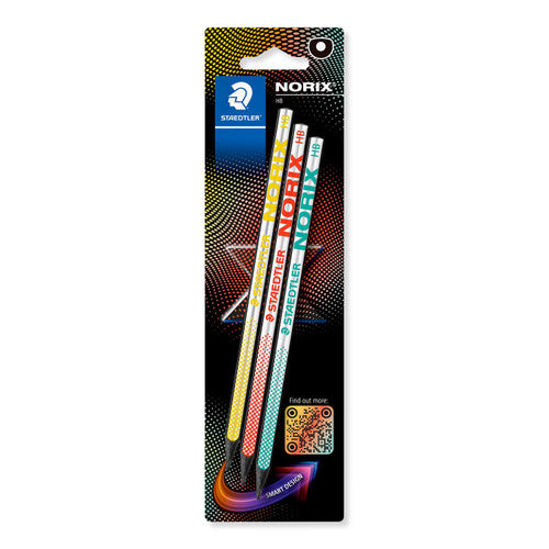 Staedtler Norix 181-HBBK3 graphite pencil HB blistercard of 3 assorted showing ergonomic eco-friendly design for everyday writing
