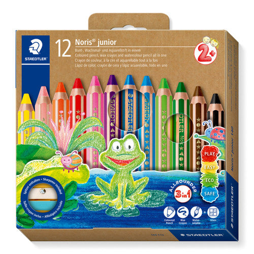 Staedtler Noris Junior 140 C12 3-in-1 pencils box of 12 showing coloured pencil watercolour and wax crayon in one tool for young children