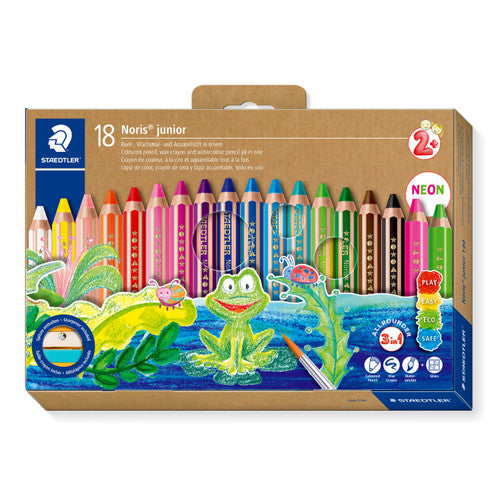 Staedtler Noris Junior 140 C18 3-in-1 pencils box of 18 assorted showing pencil, crayon and watercolour effects in one versatile tool