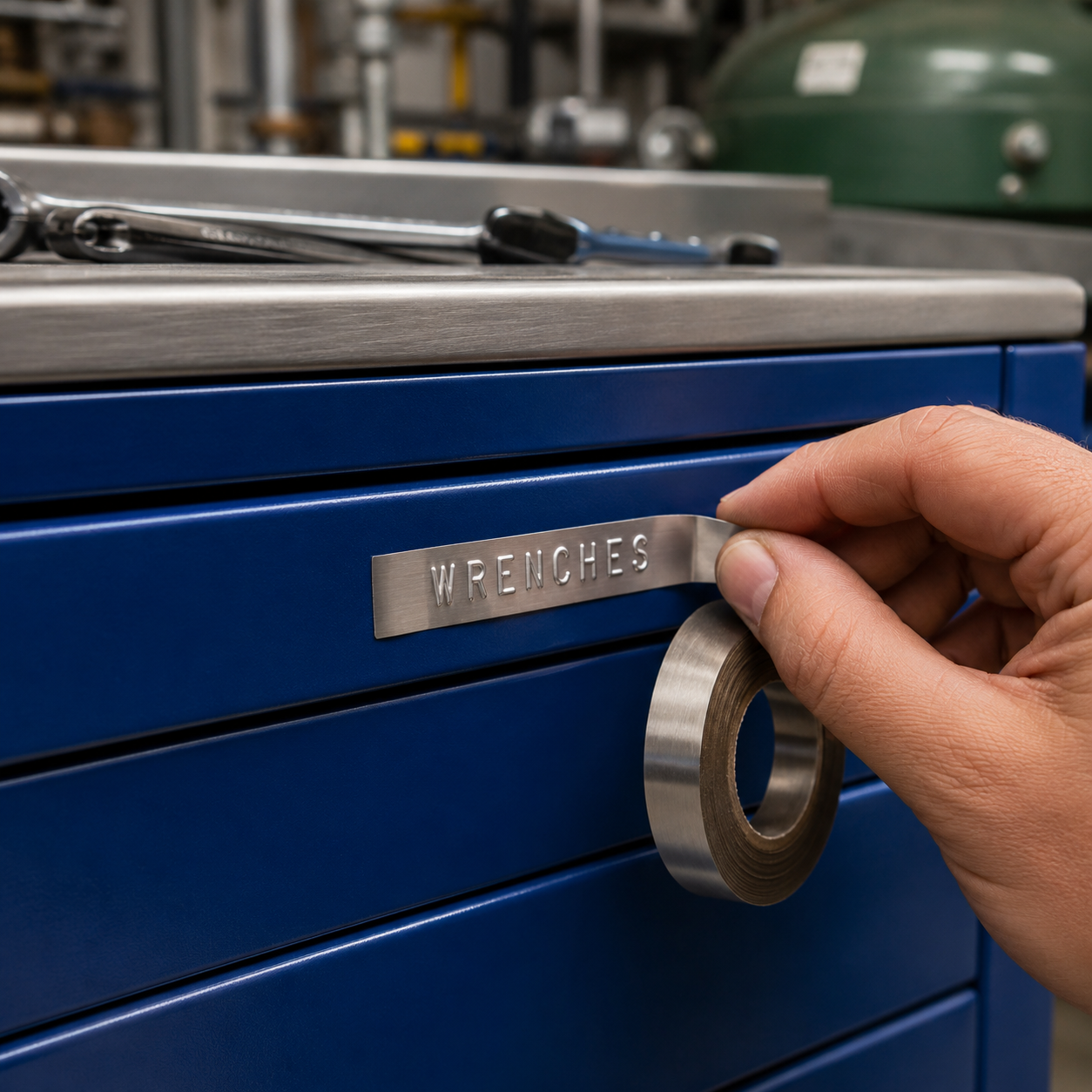 Hand opening a blue tool chest labeled 'WRENCHES' with tools in the background.